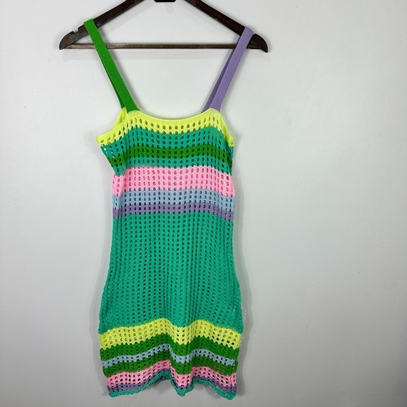 Crochet Knit Mini Dress XS Rainbow Stripe Mesh Y2K Festival Rave Beach Indie - Picture 1 of 4